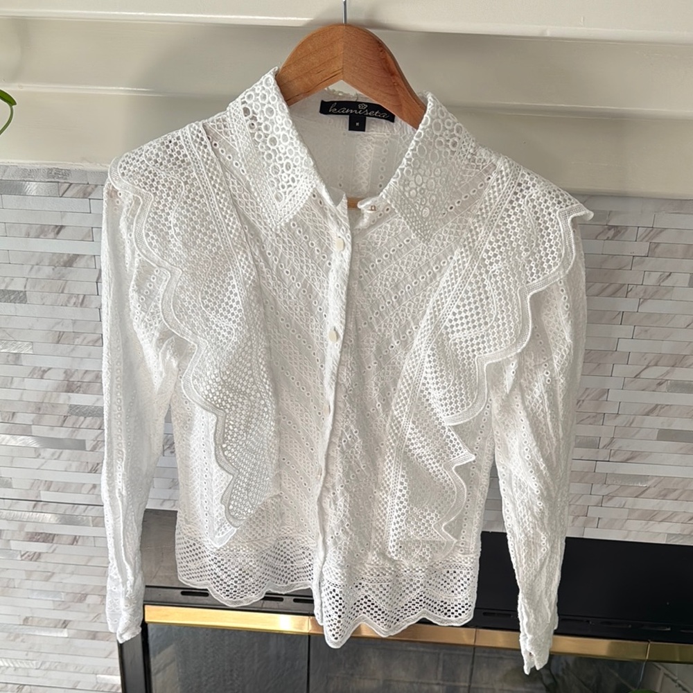 White Lace Ruffle Blouse